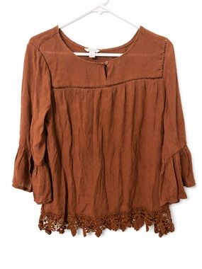 Boho Crochet-Hem Blouse in Rust Women’s Large Western Cowgirl Bell Sleeves